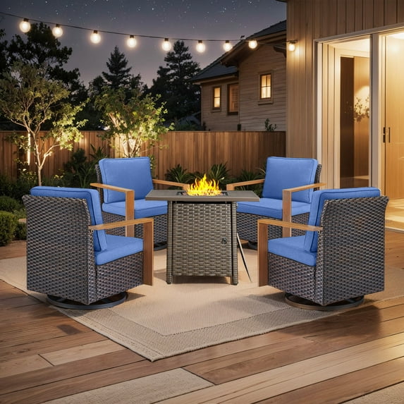 PARKWELL 5 Piece Patio Fire Pit Sets,All-Weather Conversation Set with 4 Swivel Glider Chair and 30" Fire Pit Table,Outdoor Patio Seating Furniture Set for Backyard Gatherings, Brown/Navy