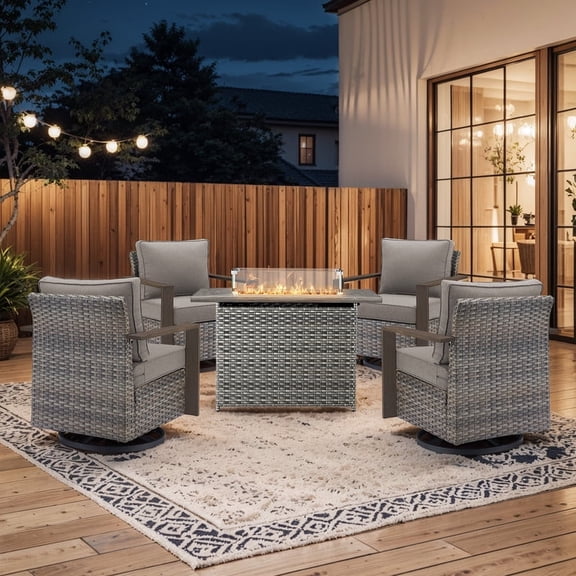 PARKWELL 5 Piece Patio Fire Pit Sets,All-Weather Conversation Set with 4 Swivel Glider Chair and 41" Fire Pit Table,Outdoor Patio Seating Furniture Set for Backyard Gatherings, Gray/Gray