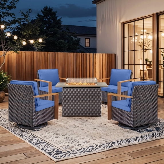 PARKWELL 5 Piece Patio Fire Pit Sets,All-Weather Conversation Set with 4 Swivel Glider Chair and 41" Fire Pit Table,Outdoor Patio Seating Furniture Set for Backyard Gatherings, Brown/Navy