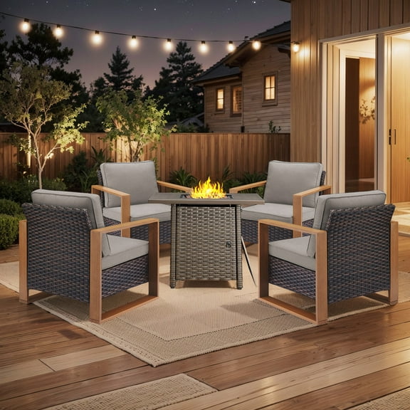 PARKWELL 5 Piece Patio Fire Pit Sets,All-Weather Conversation Set with 4 Wicker Lounge Chairs and 30" Fire Pit Table,Outdoor Patio Seating Furniture Set for Backyard Gatherings, Brown/Gray