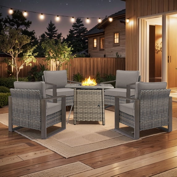 PARKWELL 5 Piece Patio Fire Pit Sets,All-Weather Conversation Set with 4 Wicker Lounge Chairs and 30" Fire Pit Table,Outdoor Patio Seating Furniture Set for Backyard Gatherings, Gray/Gray