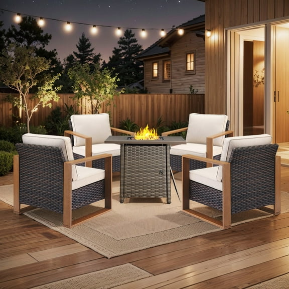 PARKWELL 5 Piece Patio Fire Pit Sets,All-Weather Conversation Set with 4 Wicker Lounge Chairs and 30" Fire Pit Table,Outdoor Patio Seating Furniture Set for Backyard Gatherings, Brown/Beige
