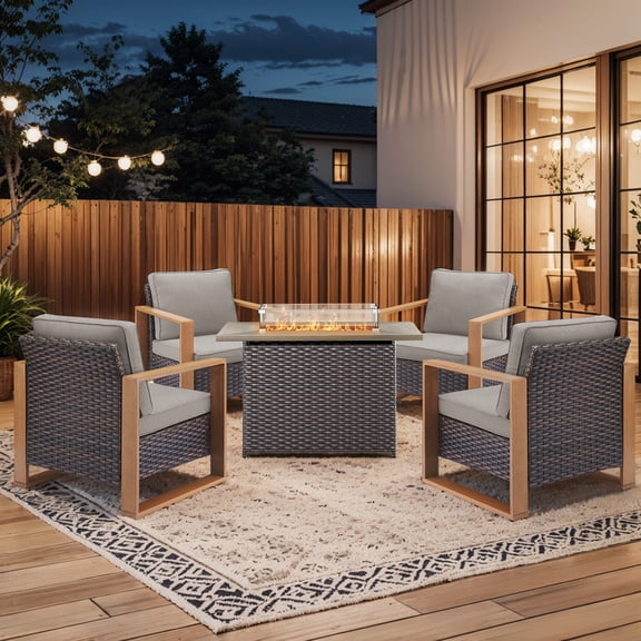 PARKWELL 5 Piece Patio Fire Pit Sets,All-Weather Conversation Set with 4 Wicker Lounge Chairs and 41" Fire Pit Table,Outdoor Patio Seating Furniture Set for Backyard Gatherings, Brown/Gray