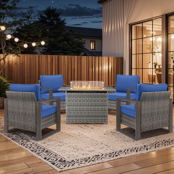 PARKWELL 5 Piece Patio Fire Pit Sets,All-Weather Conversation Set with 4 Wicker Lounge Chairs and 41" Fire Pit Table,Outdoor Patio Seating Furniture Set for Backyard Gatherings, Gray/Navy