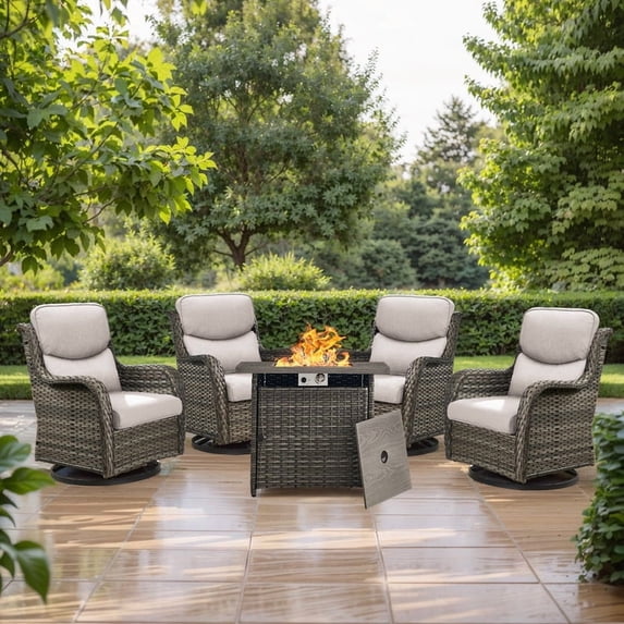 PARKWELL 5 Piece Patio Furniture Set with 4 Wicker Chairs Swivel Glider and 1 Fire Pit Table,Outdoor All Weather Rattan Conversation Set for Front Porch Deck,Gray/Beige