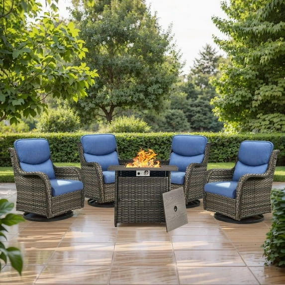 PARKWELL 5 Piece Patio Furniture Set with 4 Wicker Chairs Swivel Glider and 1 Fire Pit Table,Outdoor All Weather Rattan Conversation Set for Front Porch Deck,Gray/Navy