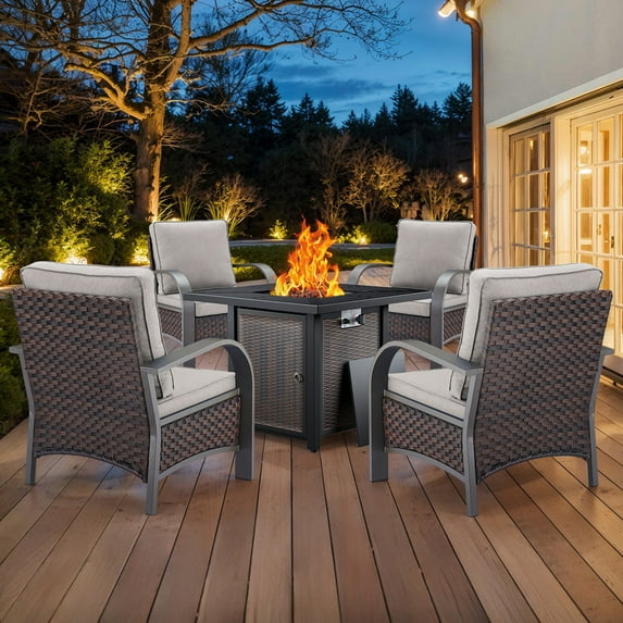 PARKWELL 5 Pieces 4-Seat Outdoor Conversation Set with 30" Fire Pit Table and Deep Seat Lounge Accent Armchairs,Brown Wicker and Beige Cushions