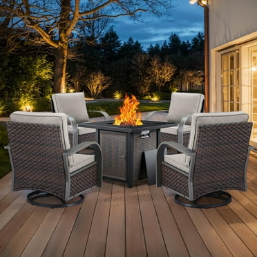 PARKWELL 5 Pieces 4-Seat Outdoor Conversation Set with 30" Fire Pit Table and Deep Seat Swivel Gliders,Brown Wicker and Beige Cushions