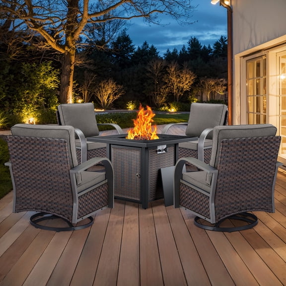 PARKWELL 5 Pieces 4-Seat Outdoor Conversation Set with 30" Fire Pit Table and Deep Seat Swivel Gliders,Brown Wicker and Gray Cushions