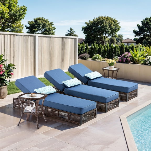 PARKWELL 5 Pieces Outdoor Chaise Lounge Chair Set, Wicker Reclining Chair with Side Table,5-Position Backrest, 5" Thick Cushions and Lumbar Support for Patio or Poolside, Brown/Navy