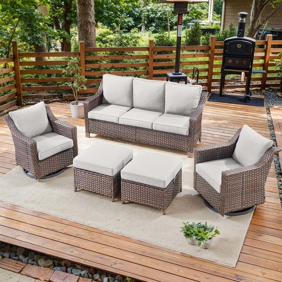 PARKWELL 5 Pieces Outdoor Patio Furniture Set 7-Seat High Back Wicker Conversation Set with Swivel Glider Chairs and Ottomans for Balcony Yard,Brown Wicker Beige Cushion