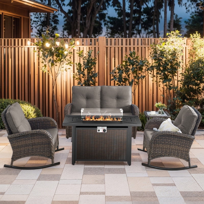 PARKWELL 5 Pieces Outdoor Patio Furniture Set with Fire Pit Table,All Weather Wicker Cushioned Rocking Chairs,Loveseat Glider for Garden Lawn Balcony Porch Deck,Brown/Gray