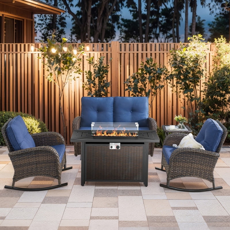 PARKWELL 5 Pieces Outdoor Patio Furniture Set with Fire Pit Table,All Weather Wicker Cushioned Rocking Chairs,Loveseat Glider for Garden Lawn Balcony Porch Deck,Brown/Navy