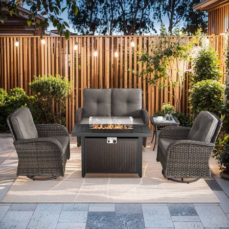 PARKWELL 5 Pieces Outdoor Patio Furniture Set with Fire Pit Table,All Weather Wicker Cushioned Swivel Chairs,Loveseat Glider for Garden Lawn Balcony Porch Deck,Brown/Gray