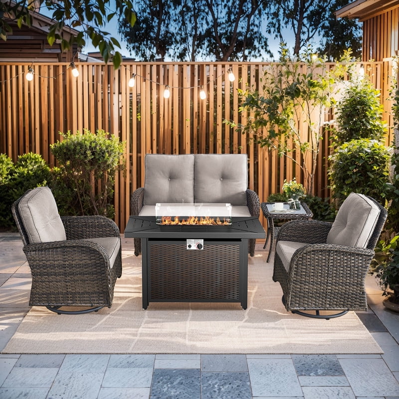 PARKWELL 5 Pieces Outdoor Patio Furniture Set with Fire Pit Table,All Weather Wicker Cushioned Swivel Chairs,Loveseat Glider for Garden Lawn Balcony Porch Deck,Brown/Beige
