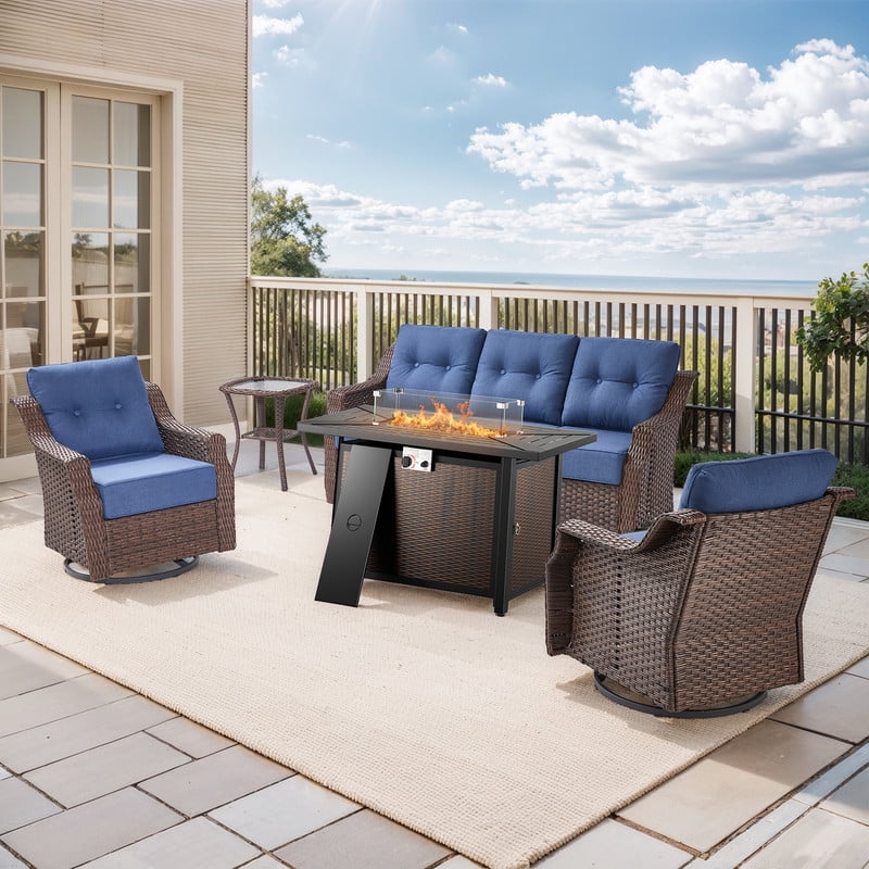 PARKWELL 5 Pieces Outdoor Patio Furniture Set with Fire Pit Table,Luxury 6" Thick Conversation Set with Swivel Glider Chairs,All-Weather Seating Furniture Set for Backyard Deck, Brown/Navy