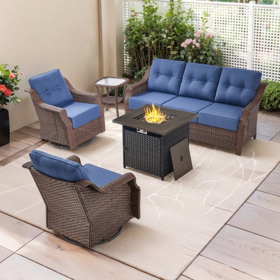 PARKWELL 5 Pieces Outdoor Patio Furniture Set with Fire Pit Table,Luxury 6" Thick Conversation Set with Swivel Glider Chairs,All-Weather Seating Furniture Set for Backyard Deck, Brown/Navy