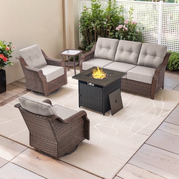 PARKWELL 5 Pieces Outdoor Patio Furniture Set with Fire Pit Table,Luxury 6" Thick Conversation Set with Swivel Glider Chairs,All-Weather Seating Furniture Set for Backyard Deck, Brown/Beige