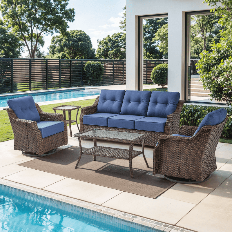 PARKWELL 5 Pieces Outdoor Patio Furniture Set,Luxury 6" Thick Conversation Set with Swivel Glider Chairs,All-Weather Seating Furniture Set for Backyard Deck, Brown/Navy