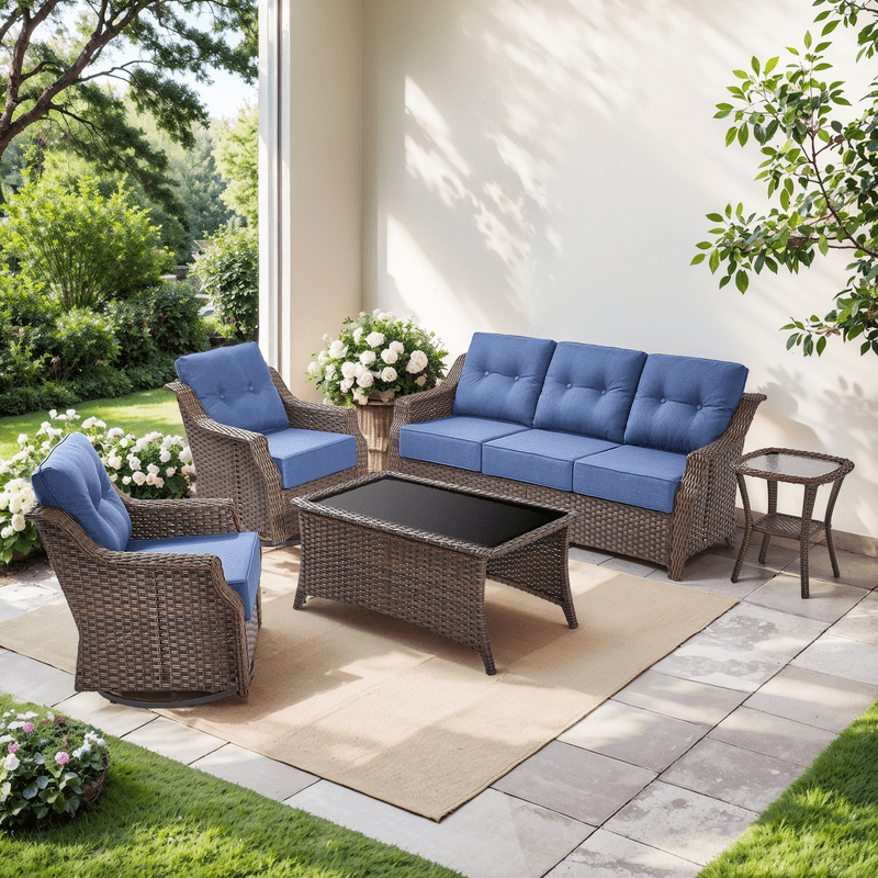 PARKWELL 5 Pieces Outdoor Patio Furniture Set,Luxury 6" Thick Conversation Set with Swivel Glider Chairs,All-Weather Seating Furniture Set for Backyard Deck, Brown/Navy