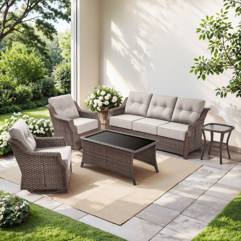 PARKWELL 5 Pieces Outdoor Patio Furniture Set,Luxury 6" Thick Conversation Set with Swivel Glider Chairs,All-Weather Seating Furniture Set for Backyard Deck, Brown/Beige