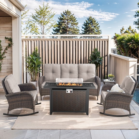 PARKWELL 5 Pieces Outdoor Patio Furniture Set with Fire Pit Table,All Weather Wicker Rocking Chairs for Garden Lawn Balcony Porch Deck,Brown/Beige