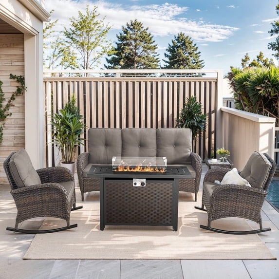 PARKWELL 5 Pieces Outdoor Patio Furniture Set with Fire Pit Table,All Weather Wicker Rocking Chairs for Garden Lawn Balcony Porch Deck,Brown/Gray
