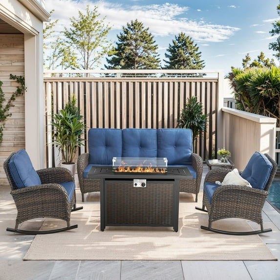 PARKWELL 5 Pieces Outdoor Patio Furniture Set with Fire Pit Table,All Weather Wicker Rocking Chairs for Garden Lawn Balcony Porch Deck,Brown/Navy
