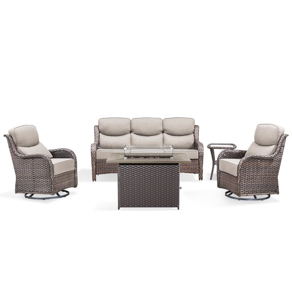 PARKWELL 5 Pieces Outdoor Patio High Back Furniture Set with Fire Pit Table, Luxury 6" Thick Conversation Set with Swivel Glider Chairs,Wicker Seating Set for Deck, Backyard,Brown/Beige