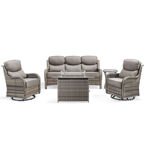 PARKWELL 5 Pieces Outdoor Patio High Back Furniture Set with Fire Pit Table, Luxury 6" Thick Conversation Set with Swivel Glider Chairs,Wicker Seating Set for Deck, Backyard,Gray/Gray