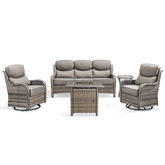 PARKWELL 5 Pieces Outdoor Patio High Back Furniture Set with Fire Pit Table, Luxury 6" Thick Conversation Set with Swivel Glider Chairs,Wicker Seating Set for Deck, Backyard,Gray/Gray