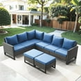 thumbnail image 1 of PARKWELL 5 Pieces Outdoor Sectional Sofa All Weather Wicker Rattan Sofa Set with Cushion and Ottoman Patio Conversation Furniture Set in Navy, 1 of 10