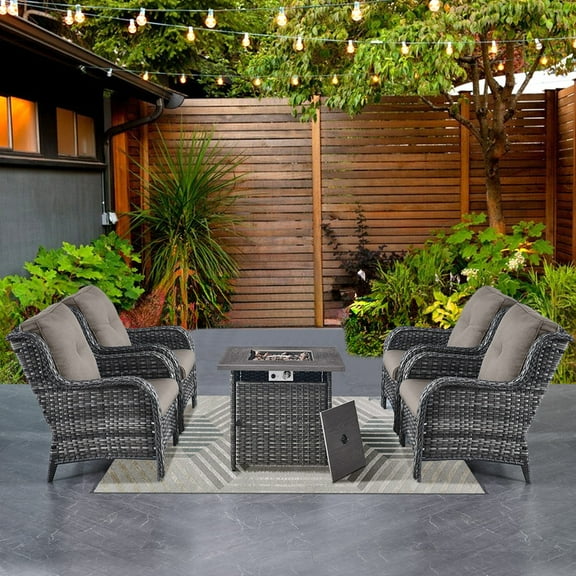 PARKWELL 5 Pieces Patio Furniture 4-Seat Outdoor Conversation Set with 30" 2 in 1 Propane Fire Pit Table and Deep Seat Lounge Accent Armchairs,Gray Wicker and Gray Cushions