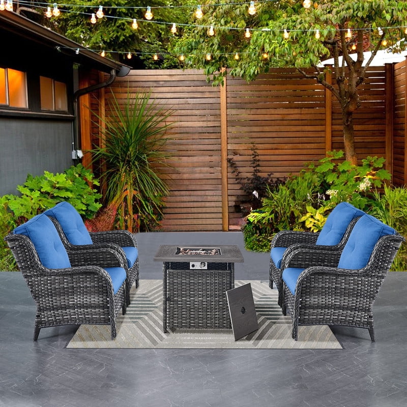 PARKWELL 5 Pieces Patio Furniture 4-Seat Outdoor Conversation Set with 30" 2 in 1 Propane Fire Pit Table and Deep Seat Lounge Accent Armchairs,Gray Wicker and Navy Cushions
