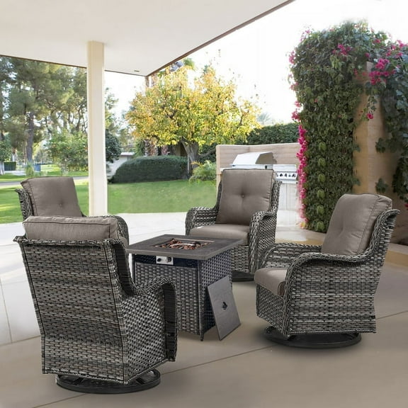 PARKWELL 5 Pieces Patio Furniture 4-Seat Outdoor Conversation Set with 30" 2 in 1 Propane Fire Pit Table and Deep Seat Swivel Gliders,Gray Wicker and Gray Cushions