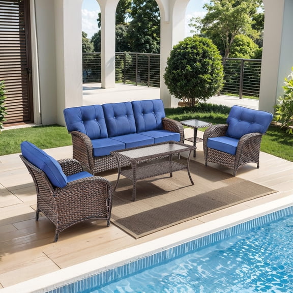 PARKWELL 5 Pieces Patio Furniture Set, 5-Seat All-Weather Wicker Conversation Sofa Set with Single Chairs, Glass Top Coffee Table and 5-inch Thick Deep Cushions for Porch Deck, Brown/Navy