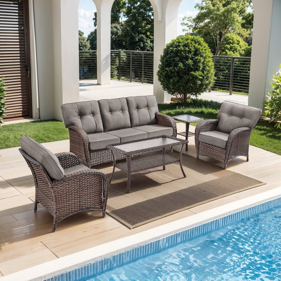 PARKWELL 5 Pieces Patio Furniture Set, 5-Seat All-Weather Wicker Conversation Sofa Set with Single Chairs, Glass Top Coffee Table and 5-inch Thick Deep Cushions for Porch Deck, Brown/Gray