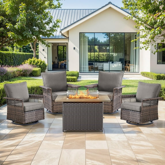 PARKWELL 5 Pieces Patio Furniture Set with Fire Pit Table, Outdoor All-Weather Wicker Conversation 360 Degree Swivel Gliders Chairs Set, Modern Seating Furniture for Porch Deck, Brown/Gray