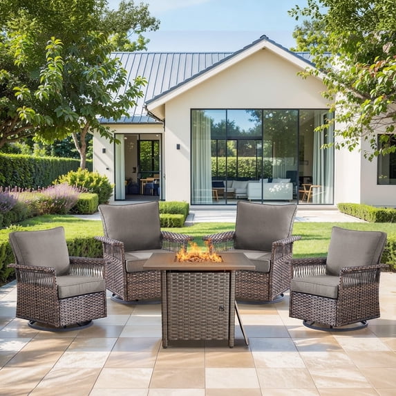 PARKWELL 5 Pieces Patio Furniture Set with Fire Pit Table, Outdoor All-Weather Wicker Conversation 360 Degree Swivel Gliders Chairs Set, Modern Seating Furniture for Porch Deck, Brown/Gray