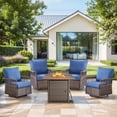 thumbnail image 1 of PARKWELL 5 Pieces Patio Furniture Set with Fire Pit Table, Outdoor All-Weather Wicker Conversation 360 Degree Swivel Gliders Chairs Set, Modern Seating Furniture for Porch Deck, Brown/Navy, 1 of 13