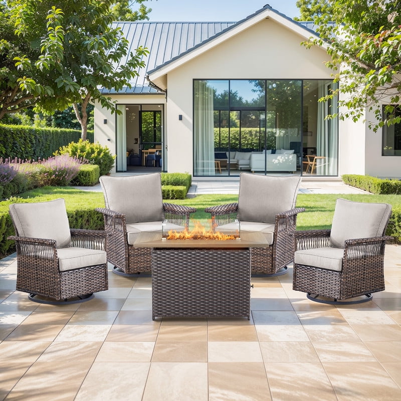 PARKWELL 5 Pieces Patio Furniture Set with Fire Pit Table, Outdoor All-Weather Wicker Conversation 360 Degree Swivel Gliders Chairs Set, Modern Seating Furniture for Porch Deck, Brown/Beige