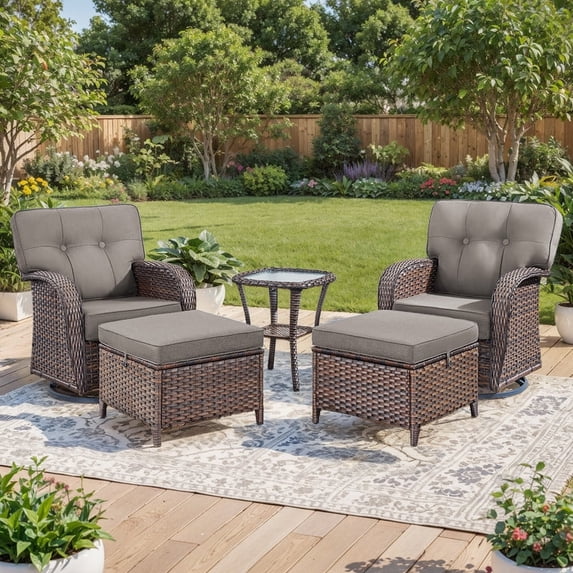 PARKWELL 5 Pieces Patio Furniture Set, Outdoor Swivel Gliders Rocker, All-Weather Wicker Conversation Set with Rattan Rocking Chair, Ottoman and 5" Thick Cushion for Porch Deck, Brown/Gray