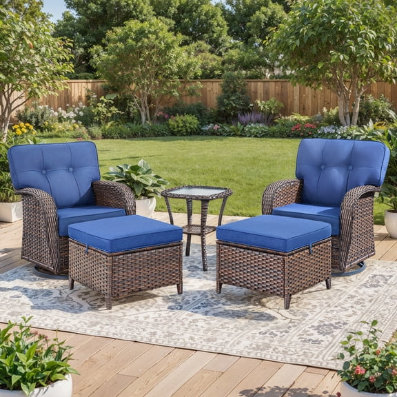 PARKWELL 5 Pieces Patio Furniture Set, Outdoor Swivel Gliders Rocker, All-Weather Wicker Conversation Set with Rattan Rocking Chair, Ottoman and 5" Thick Cushion for Porch Deck, Brown/Navy