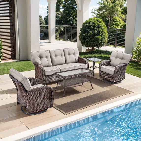 PARKWELL 5 Pieces Patio Furniture Set with Swivel Chairs, 5-Seat All-Weather Wicker Conversation Set with Rattan Rocking Chair, Coffee Table and 5" Thick Cushion for Porch Deck, Brown/Beige
