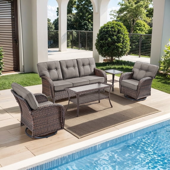 PARKWELL 5 Pieces Patio Furniture Set with Swivel Chairs, 5-Seat All-Weather Wicker Conversation Set with Rattan Rocking Chair, Coffee Table and 5" Thick Cushion for Porch Deck, Brown/Gray
