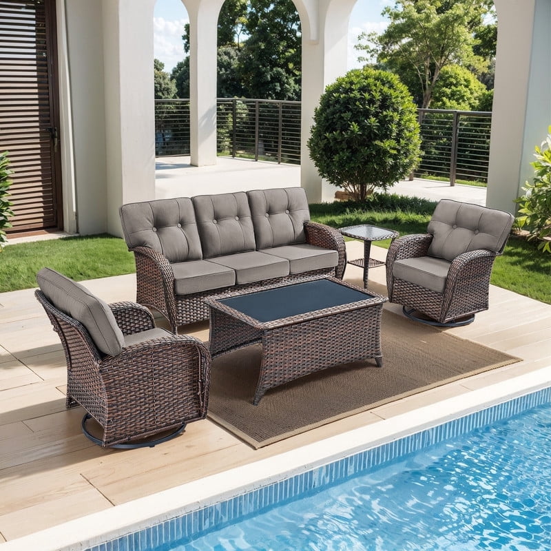 PARKWELL 5 Pieces Patio Furniture Set with Swivel Chairs, Outdoor All-Weather Wicker Conversation Sofa Set with Rattan Rocking Chair, Coffee Table and 5" Thick Cushion for Porch Deck, Brown/Gray