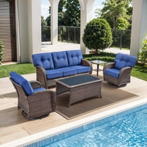 PARKWELL 5 Pieces Patio Furniture Set with Swivel Chairs, Outdoor All-Weather Wicker Conversation Sofa Set with Rattan Rocking Chair, Coffee Table and 5" Thick Cushion for Porch Deck, Brown/Navy