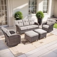 thumbnail image 1 of PARKWELL 5 Pieces Patio Furniture Set with Swivel Gliders Chairs, 7-Seat All-Weather Wicker Conversation Set with Rattan Rocking Chair, Ottoman and 5" Thick Cushion for Porch Deck, Brown/Beige, 1 of 11