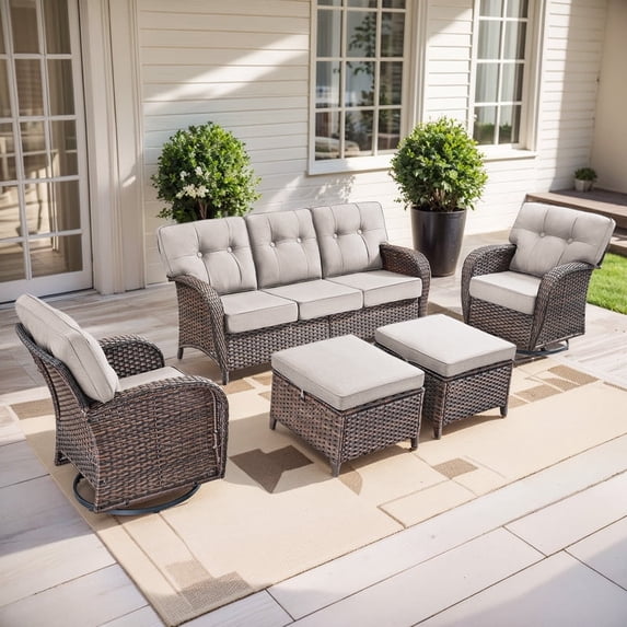 PARKWELL 5 Pieces Patio Furniture Set with Swivel Gliders Chairs, 7-Seat All-Weather Wicker Conversation Set with Rattan Rocking Chair, Ottoman and 5" Thick Cushion for Porch Deck, Brown/Beige