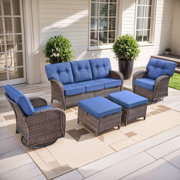 PARKWELL 5 Pieces Patio Furniture Set with Swivel Gliders Chairs, 7-Seat All-Weather Wicker Conversation Set with Rattan Rocking Chair, Ottoman and 5" Thick Cushion for Porch Deck, Brown/Navy